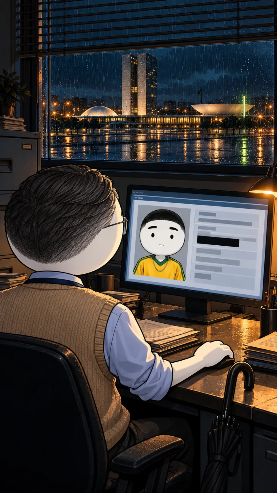 Escritório em Brasília de madrugada, uma ficha com a sua foto aberta no monitor